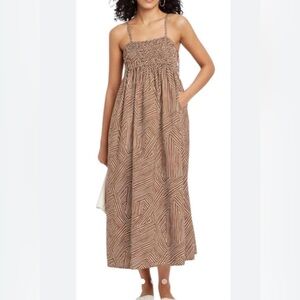 A New Day Brown Cream Striped Smocked Sundress | Size Large | Spaghetti Strap